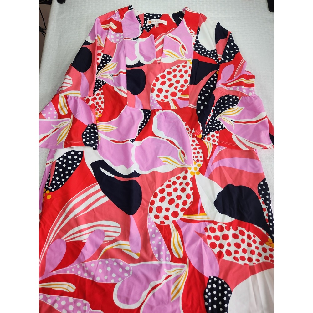 Jude Connally Floral Polka Dot Ruffle Sleeve Shift Dress Pink Red Medium 101605